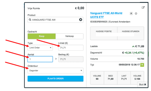 DEGIRO uitleg: het popup scherm bij het aankopen van een indexfonds